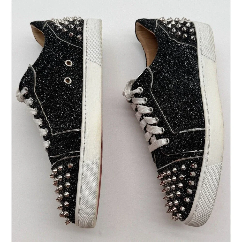Christian Louboutin Vieira 2 Low Top Sneaker Black Glitter Silver Spikes EU 41 - Picture 5 of 15